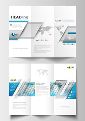 Tri-fold brochure business templates on both sides. Easy editable layout in flat design. Abstract triangles, blue and gray triangular background, modern colorful polygonal vector.
