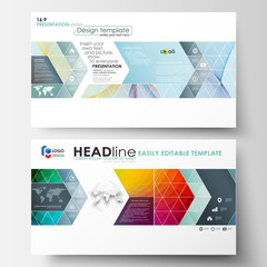 Business templates in HD format for presentation slides. Easy editable layouts in flat style, vector illustration. Colorful design background with abstract shapes and waves, overlap effect.