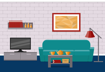 Living room flat Interior. Vector background. Home design with furniture couch, coffee table, TV, picture. 