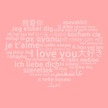 I love you in different language. Words heart on rose background. Vector illustration