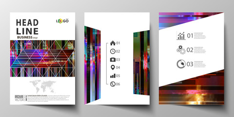 Business templates for brochure, magazine, flyer, annual report. Cover design template, abstract vector layout in A4 size. Glitched background made of colorful pixel mosaic. Trendy glitch backdrop.