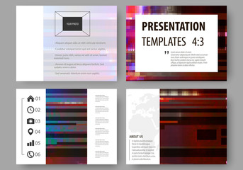 Business templates for presentation slides. Abstract layouts in vector design. Glitched background made of colorful pixel mosaic. Digital decay, signal error, television fail. Trendy glitch backdrop.