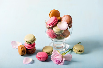French sweets macaroons for dessert, macaron pastry and a rose