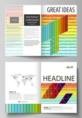 Business templates for bi fold brochure, magazine, flyer, booklet. Cover template, vector layout in A4 size. Bright color abstract beautiful background, colorful design, geometric rectangular shapes.