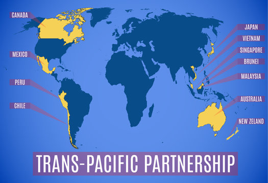 Map of the new Trans-Pacific Partnership after the USA (TPP).