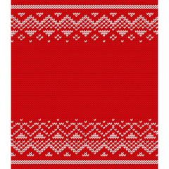 Fototapeta na wymiar Knitted pattern. Vector Valentine Day knitting texture with place for text. Seamless red background with hearts. Flat design.