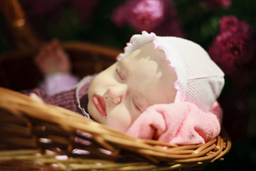 Baby girl sleeping in a basket