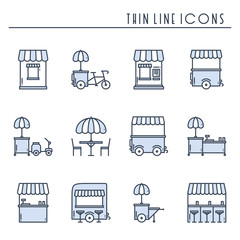 Street food retail thin line icons set. Food truck, kiosk, trolley, wheel market stall, mobile cafe, shop, tent, trade cart. Vector style linear icons. Isolated flat illustration. Symbols. Blue