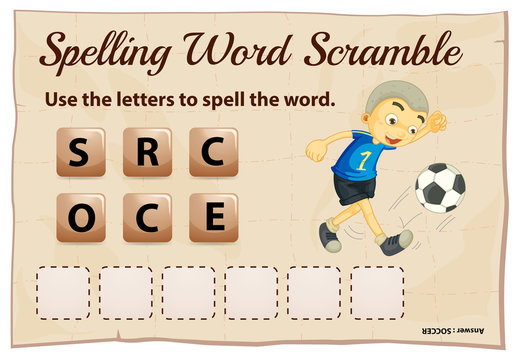 Spelling word scramble game template with word soccer