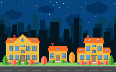 Vector night city with cartoon houses and buildings. City space with road on flat style background concept. Summer urban landscape. Street view with cityscape on a background
