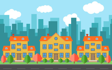 Obraz premium Vector city with cartoon houses and buildings. City space with road on flat style background concept. Summer urban landscape. Street view with cityscape on a background 