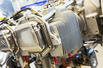 Piece of equipment of the aircraft engine closeup