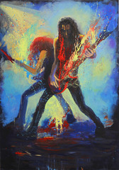 Rock guitarists, duet, in scenic light, impressionistic fantasy art work, original acrylic painting on canvas