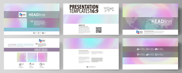 Business templates in HD format for presentation slides. Vector layouts in abstract design. Hologram, background in pastel colors with holographic effect. Blurred colorful pattern, futuristic texture.