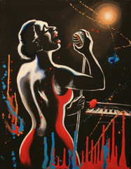 Jazz singer, silhouette with microphone under scenic lights, black background with artistic sprays and streaks. Fantasy original artwork, acrylic on canvas.