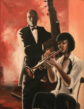 Jazz duet, young lady with trumpet and a man with contrabass. Fantasy original art work, acrylic on canvas