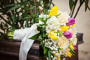 Yellow and pink roses. Wedding bouquet