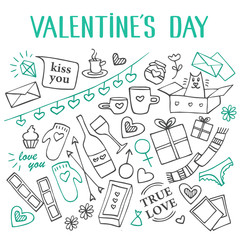 Valentine's Day set. Traditional romantic symbols: heart shapes, gift boxes, photos, love letters. Hand-drawn line vector illustration and lettering.