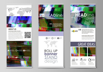 Roll up banner stands, flat design templates, abstract style, vertical vector flyers, flag layouts. Glitched background made of colorful pixel mosaic. Digital decay, signal error, television fail.