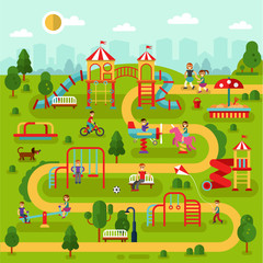 Flat design vector landscape illustration of park with kids playground and attractions. Infographic design of amusement park for children. Kids play on playground with mother and father
