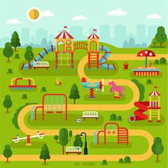 Flat design vector landscape illustration of park with kids playground and attractions with swings, slides and tube, carousel. Infographic design of amusement park for children.