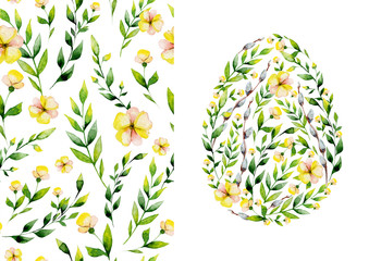 Watercolor yellow flower and herbs Easter egg design. Seamless watercolor yellow flower and herbs set. 