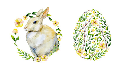 Watercolor yellow flower and herbs Easter egg design. Watercolor rabbit with yellow flower and herbs wreath.