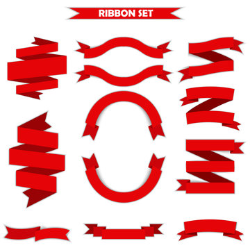 Ribbon vector icon set red color on white background. Banner isolated shapes illustration of gift and accessory. Christmas sticker decoration for app web. Label, badge borders collection.