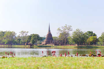 Naklejka premium Ancient buddha statue and pagoda with lotus in the pool at Sukhothai Historical Park, Sukhothai Province, Thailand.