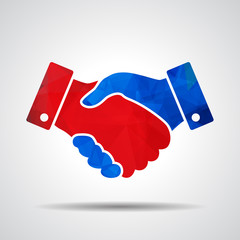 red and blue triangular polygonal handshake icon. design for bus