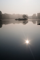 Landscape of a small island with a tree in the middle of the lake. Lonely Island.