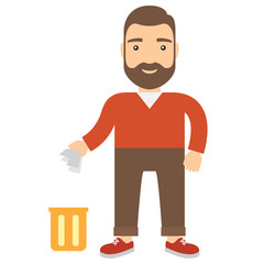 Cartoon man throwing garbage in bin.