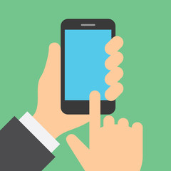 Finger clicks on cell phone display with touch screen.