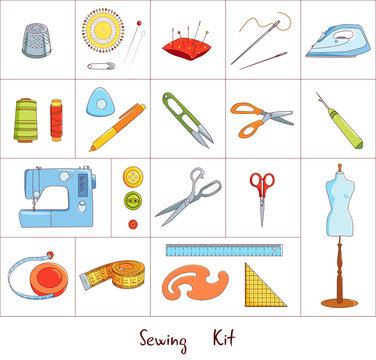 Sewing tools kit, vector icons