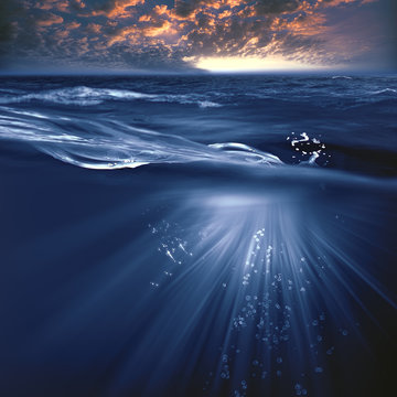 Stromy ocean, beauty marine landscape with water wave and evenin
