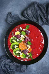 Healthy raspberry smoothie bowl .Top view.