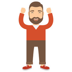 Happy man with joy on his face held up his hands as a sign of go