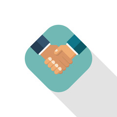 Handshake business icon. Symbol of a successful transaction. Partnership, meeting businessman. Vector illustration flat design. Isolated on white background with long shadow.