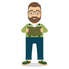 Man standing reading book.