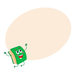 Funny book character jumping happily, celebrating success, cartoon vector on background with place for text. Green book jumping happily with hands up and wide smile, school, education concept