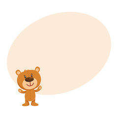 Cute traditional, retro style teddy bear character standing, smiling and greeting, cartoon vector illustration on background with place for text. Smiling teddy bear character greeting, ready to hug
