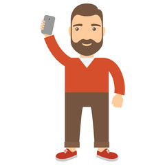 Man with smartphone makes selfie.