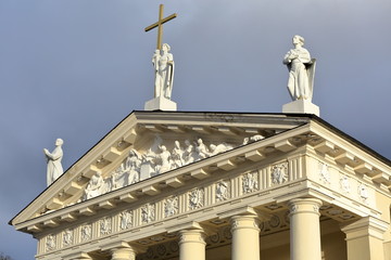 Fototapeta na wymiar VILNIUS, LITHUANIA: The Cathedral on Cathedral Square showing details of sculptures on the pediment