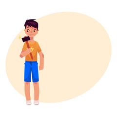 Teenage boy in shorts and t-shirt holding a hammer, cartoon vector on background with place for text. Full length portrait of boy holding hammer, repair concept