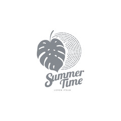 Black white graphic logo template with monstera palm leaf, vector illustration isolated on white background. Black white summer time abstract logotype, logo template with monstera palm leaf