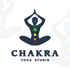Yoga studio logo template. Chakra company logotype. Meditation pose silhouette design. Vector man label. Creative wellness illustration.