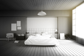 Fototapeta na wymiar 3D rendering : illustration of big spacious modern bedroom in soft light color.big comfortable double bed in elegant classic modern bedroom.interior design of house.modern wooden tile house