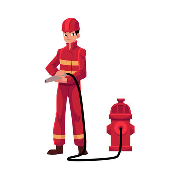 Firefighter, fireman in red protective suit holding fire hose at hydrant, cartoon vector illustration isolated on white background. Full length portrait of firefighter, fireman holding fire hose