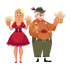 Man and woman in traditional German, Bavarian Oktoberfest costume holding beer mugs, cartoon vector illustration isolated on white background. German, Bavarian couple, people in traditional costume