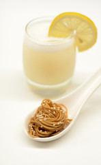 Lemon cocktail with noodle entree served at party